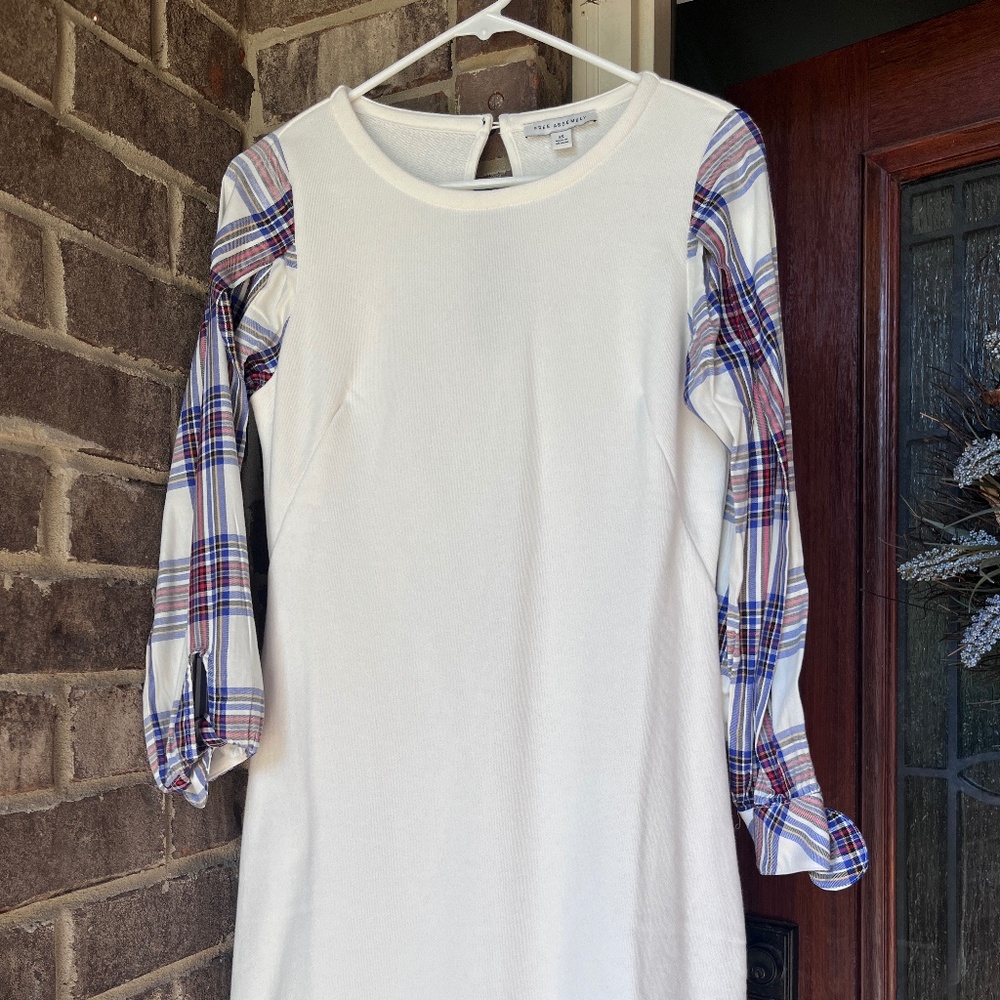 Free Assembly Dress Women's White With Plaid Sleeves‎ Size XS